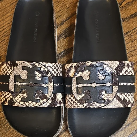 Tory Burch Leigh Slide Sandals Black and Brown Snake Print - Picture 13 of 13